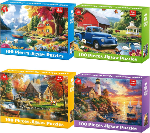 100 Piece Puzzles - 4 Themed Landscapes Large Piece Puzzles for Senior
