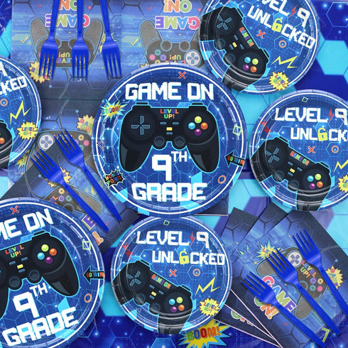 81 Pcs Video Game Birthday Decorations, 9th Gamer Party Supplies for Boys, Serves 20 with Plates Napkins Forks