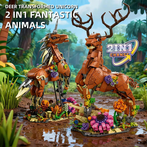 2-in-1 Set 1367 6+ MENTOJOY Magical Unicorn & Deer Building Pieces Flower Base Fantasy Animal Model, Educational stem