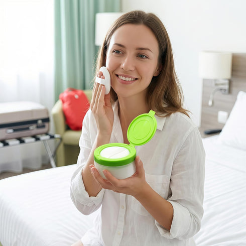 Happyupcity White Plastic Empty Baby Powder Puff Case with Green Sifter Lid Refillable After-Bath Talcum Powder Jar