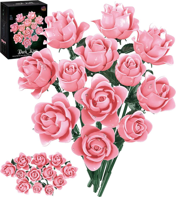 Pink Roses Flower Bouquet Building Set, Artificial Flowers Botanical Collection Compatible with