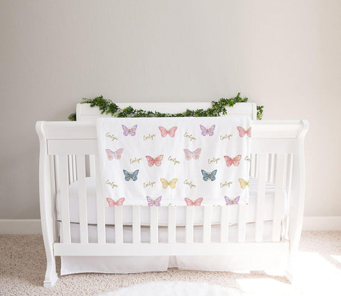 Stork Wares Rainbow Butterfly Personalized Baby Girl Swaddle Blanket