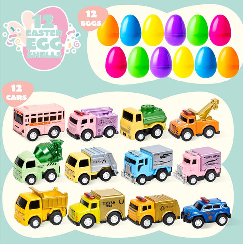 12 JOYIN Pcs Easter Eggs Filled with Toy Cars, Colorful Stuffed Eggs with Pull Back Die-Cast Cars for Easter Hunt Game