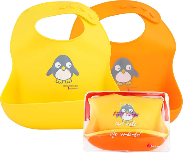 NatureBond Silicone Baby Bibs, Easily Wipe Clean with Waterproof Pouch, 2 PCs