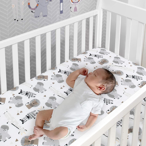 100% Lambs & Ivy Jungle Safari Cotton White/Gray Elephant/Lion Fitted Crib Sheet