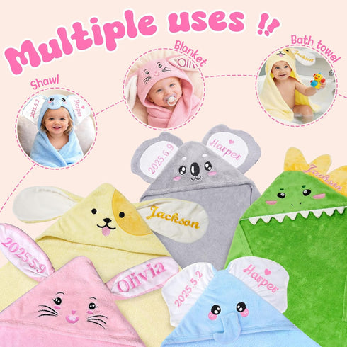 MYPHNEX Personalized Baby Towels with Hood, Bunny Bath Towels for Girls Boys, Super Soft Absorbent, Custom Toddler