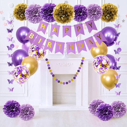Ouddy Party Purple Birthday Decorations for Women Girls, Butterfly Hanging Garland, Happy Birthday Banner, Purple Gold