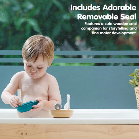 PlanToys Wooden Sailing Boat Toy with Seal | Bath Time Water Toy for Floating Play, Imagination & Gentle Sensory