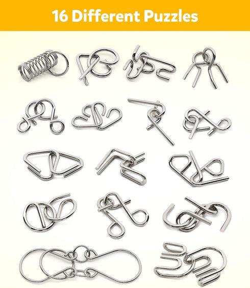 Set 16 Coogam Metal Wire Puzzle of with Pouch,Brain Teaser IQ Test Disentanglemen Iron Link Unlock Interlock Game