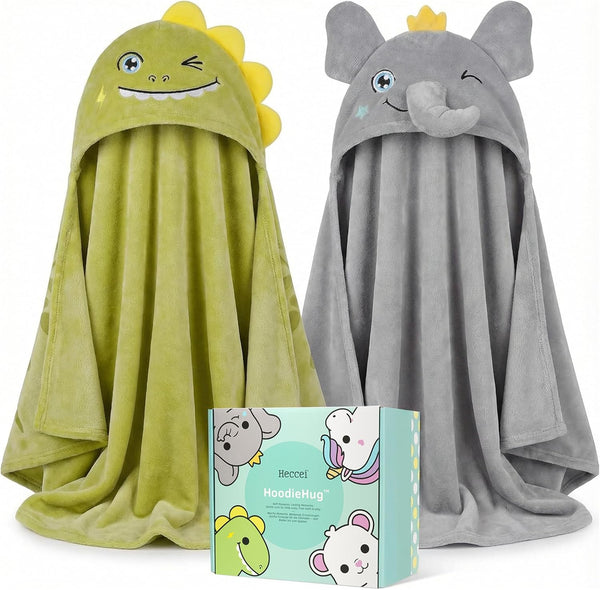 HECCEI 2-Pack Toddler Hooded Bath Towels Dinosaur & Elephant Set Large Plush
