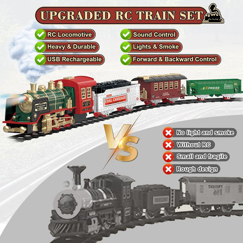 PaLeyFer Set 3 8 Kids Electric Train - Remote Control w/Smoke, Sounds, Lights - Rechargeable for Christmas Tree - Train