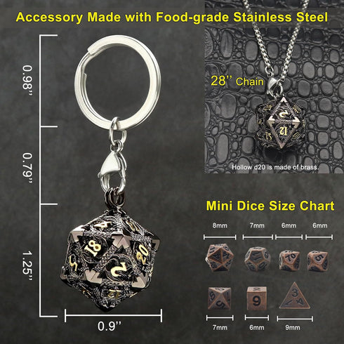 Haxtec Mini Metal DND Dice Set - 20mm Black Gold Hollow D20 Necklace with Antique Tiny Copper Dice