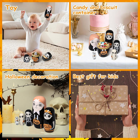 Tngan Halloween Nesting Dolls - 5Pcs 6" Tall Russian Handmade Matryoshka for Kids, Wooden Stacking Toys for Halloween