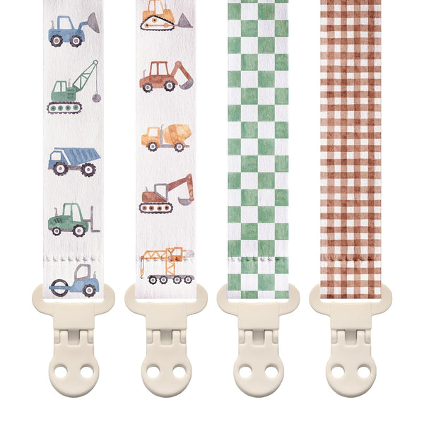 Stadela Baby Fabric Pacifier Clip Holder, Plastic Clip, 4Pack, Construction Pattern, Otto