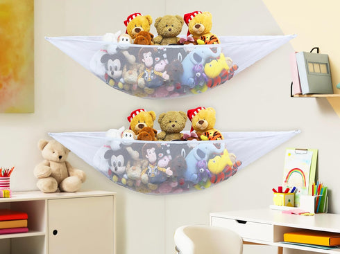 Simple Houseware 2 Pack Stuffed Animal Toy Hammock Net, Corner Wall Storage for Kids Room, White