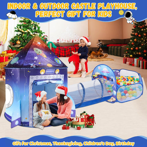 3 1 Set in Rocket Ship Play Tent with Tunnel Ball Pit for Kids Space Themed Pop Up Playhouse Indoor Outdoor Astronaut
