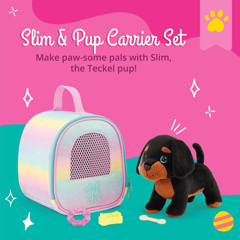 Glitter Girls – Stuffed Dog & Carrier – Doll Accessories – Teckel Puppy – Toys for Kids 3 Years+ – Slim & Pup Carrier Set