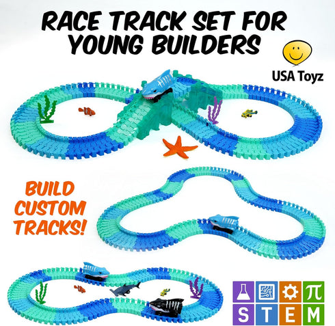 265pk Set 225 3 USA Toyz Ocean Race Tracks for Kids- Speedway Race Car Track with Flexible Roads, Shark Toy Cars