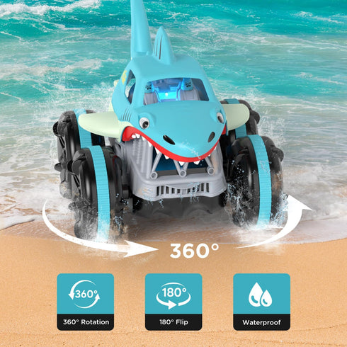 MaxTronic Amphibious Remote Control Car, 2.4 GHz 4WD 1:14 Scale Waterproof Monster Truck, RC Boat Shark Toys 3-12 Years