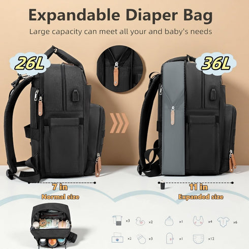 Backpack Expandable Diaper Bag for Dad and Mom Large Capacity Baby Diaper Bag with Premium Leather, Changing Pad