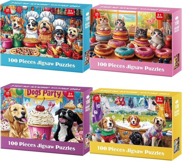 Jeacirio 4-Pack 100 Piece Puzzles for Kids Ages 6-8 8-10 Year Old Large