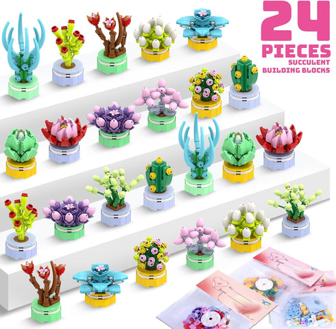 Classroom/School,24PCS 3+ Uiseba Valentines Day Gifts for Kids Building Blocks Succulent Plants Kits and Valentines