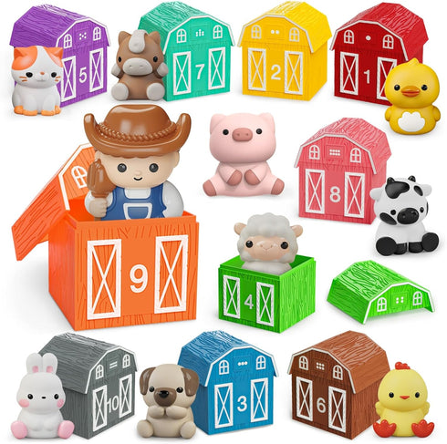 20 PCS Farm Animal Barn Toy & Finger Puppets, Montessori Learning Toy for Toddlers 1-3 Years Old