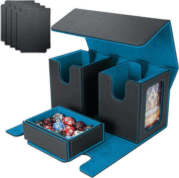 AFIING MTG Commander Card Storage Box, Fits 200 Double Sleeved Cards, 3-in-1 Card Deck Case, Black/Cyan