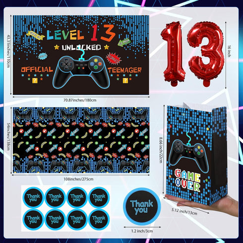 13th Birthday Decorations for Boys - 69 Pieces Video Game Party Supplies, Blue Gamer Balloons, Backdrop