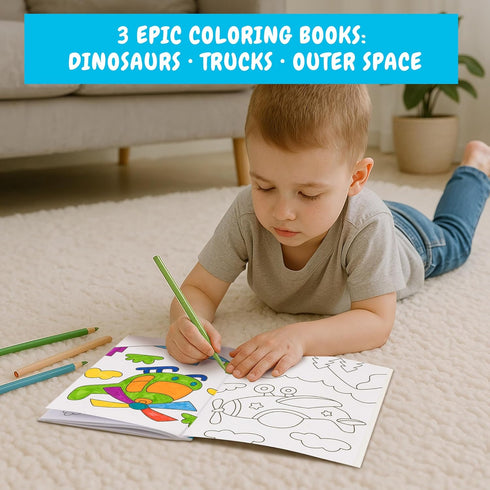 Set 3 48 ZICOTO Fun Coloring Books for Kids of Exciting Dinosaur, Space & Trucks Coloring Book for Boys Ages Easy
