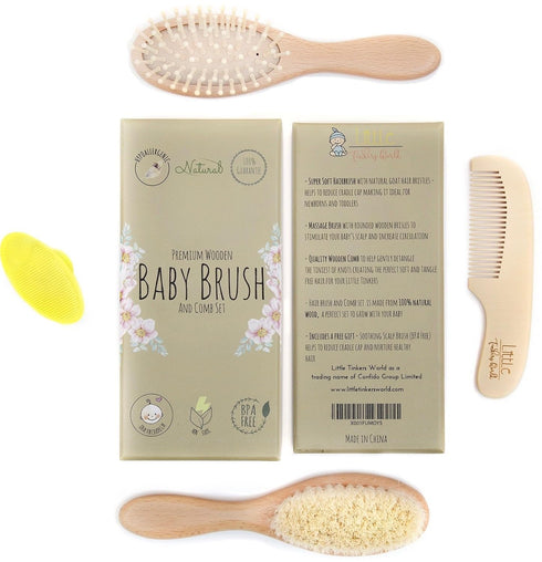 Baby Hair Brush and Comb Set, 4 Piece Wooden Soft Bristle Set for Newborn Girl, Boy, Toddler