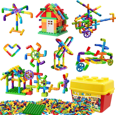 burgkidz STEM Learning Pipe Tube Toy, 188 Pcs Educational Building Blocks with Wheels Baseplate