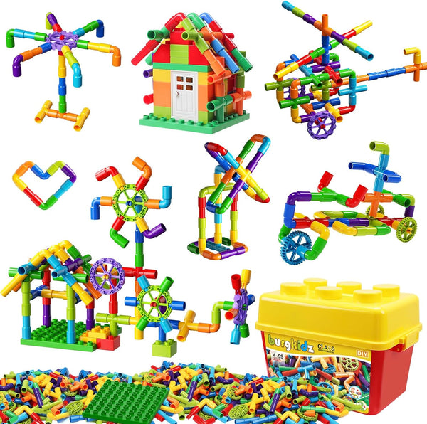 burgkidz STEM Learning Pipe Tube Toy, 188 Pcs Educational Building Blocks with Wheels Baseplate