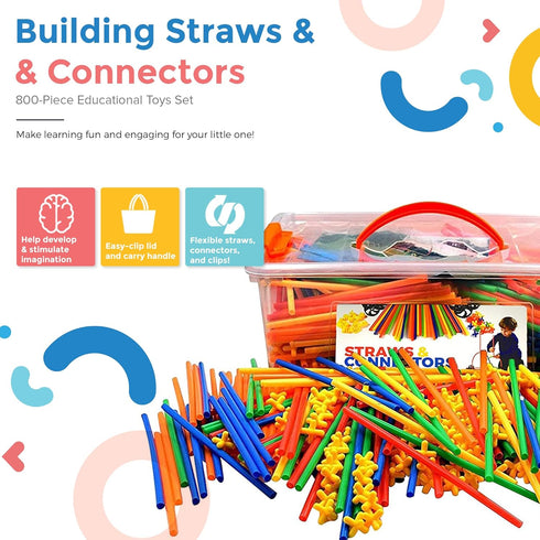 Playlearn Large 816 Piece Straws Builders Construction Toy - 8 Inch Full Size Straws, Giant Pack with Wheels
