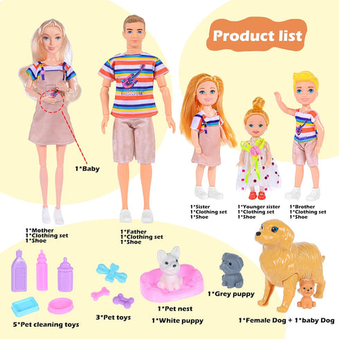 Playset 6 3 3-12 iBayda Family Dollhouse Dolls - People with Dollhouse Pets Included Pregnant Mom Dad Kids