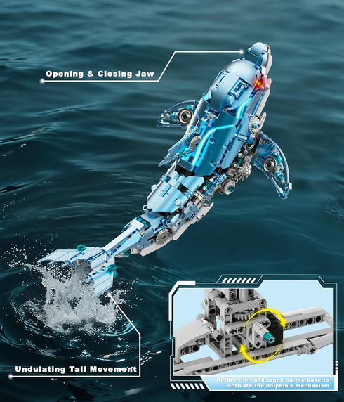 Set Swimming 8+, Moving Mechanical Dolphin Building - Hand Crank Model Kit with Tail, Movable Jaw & Glowing Lights |