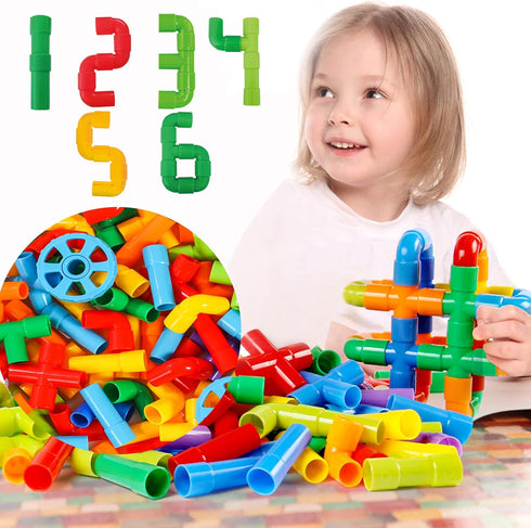 Pipe Building Toys, Educational Tubular Pipes for Kids 3+, STEM Building Blocks Set with 72 Pcs Stim Toy