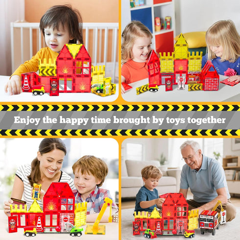 56PCS 4-8, 4 5 Magnetic Tiles for Kids, Construction Magnet Tiles with Fire Truck Station, Building, Road, Crane, Car