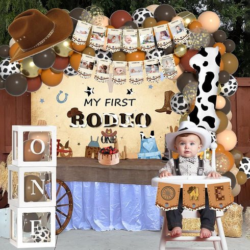1st 1 1 Western Cowboy Birthday Decorations with Cowboy Balloons Arch, Number Balloons, Banner, Cake Toppers, Backdrop
