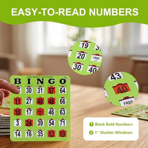 10-Pack GSE Games & Sports Expert Fingertip Shutter Slide Bingo Cards, Reusable Easy-Read Green Jumbo Bingo Game Cards