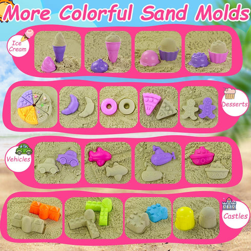 50Pcs 2 Backpack Summer Elovien Beach Sand Toys, Sandbox Toys with Collapsible Buckets, Mesh Bag, Shovels, Ice Cream