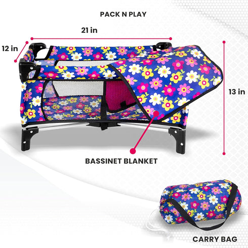 Set, Pack 20" Baby Doll Crib Toy n Play Bassinet Blanket & Carry Bag for Baby Doll Playpen Fits up to Doll | Allows