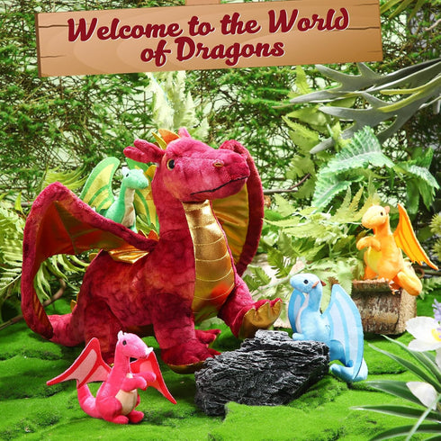 Lenwen 5 Pcs Dragon Plush Stuffed Animal - 16 Inch Giant Mommy Dragon with 4 Pcs Babies in Zippered Belly for Kids