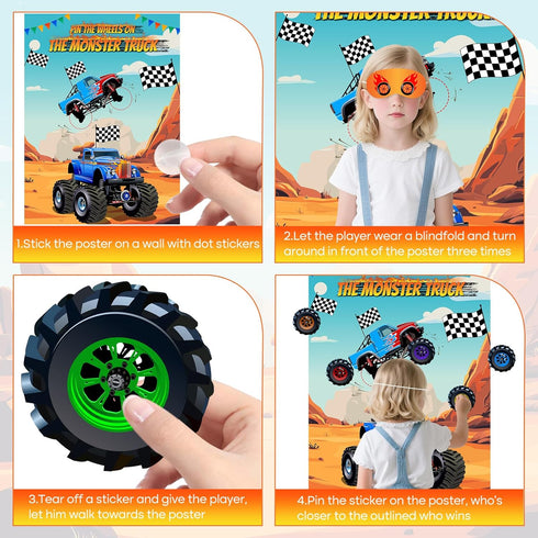 PLULON Pin The Wheels on The Truck Party Game for Kids, Birthday Pin The Tail Games Big Poster with Tyres Stickers