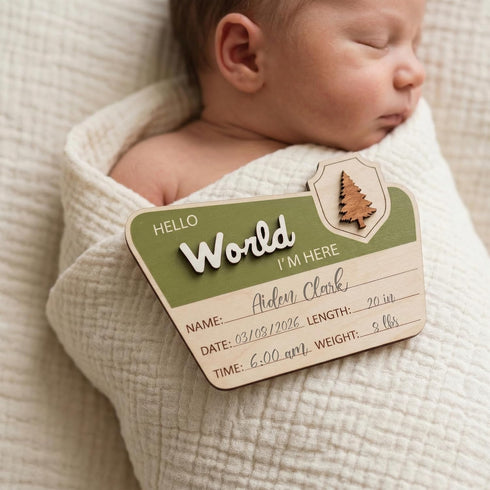 TTMerriwood 6.5" Adventure Hello World I'm Here Sign, Wooden Retro Birth Announcement Prop, Camping Nursery Keepsake