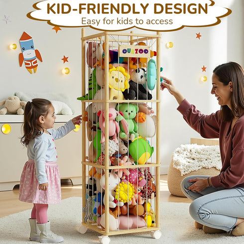 55.12in Stuffed Animal Storage Zoo with Wheels and Twinkling Bee String Lights, Large Wooden Stuffed Animal Storage
