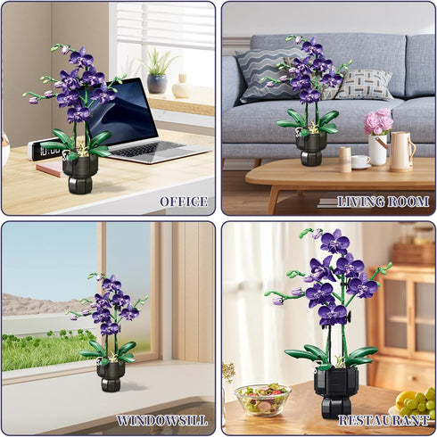 NERCISU Sets 8-12+ (666 Orchid Flowers Building with Vase, Purple Orchid Botanicals Collection Building Toys for Home