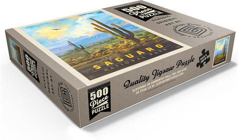 MyPuzzle Saguaro National Park: Desert Daybreak Vintage Poster - Premium 500 Piece Jigsaw Puzzle for Adults