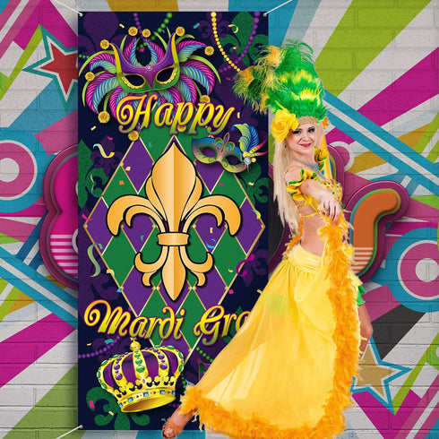 Blulu Mardi Gras Door Cover, New Orleans Carnival Decorative Hanging Welcome Banner Flag for Party