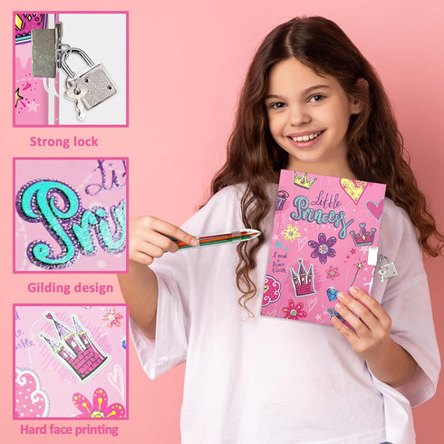 Princess Girls Diary with Lock, Set of Kids Journal with Lock & Pen (6-Multicolor), Writing Notebooks for Gifts
